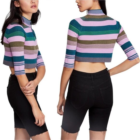 NWT Free People Rip Tide Mock Neck Jumper Teal Purple Size Medium Ribbed Boho M‎ - Picture 3 of 7